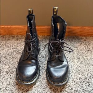 Dr. Martens Black Leather Lace-Up Boots with Yellow Stitching